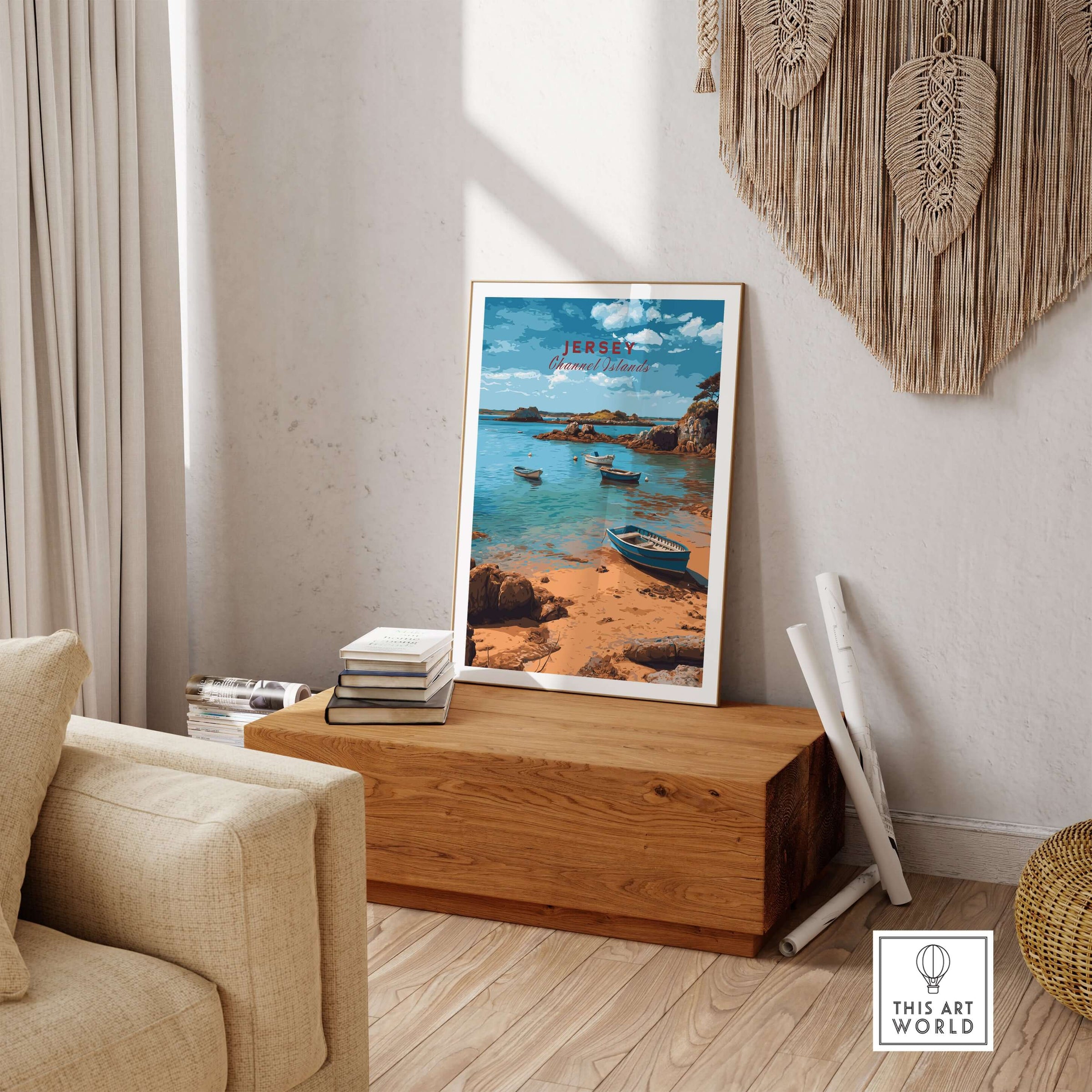 Jersey Channel Islands Art Print | Scenic Coastal Bay Poster displayed in a modern living room setting.