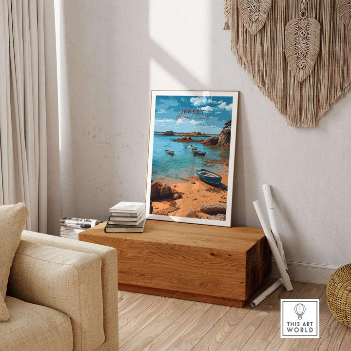 Jersey Channel Islands Art Print | Scenic Coastal Bay Poster displayed in a stylish living room setting.