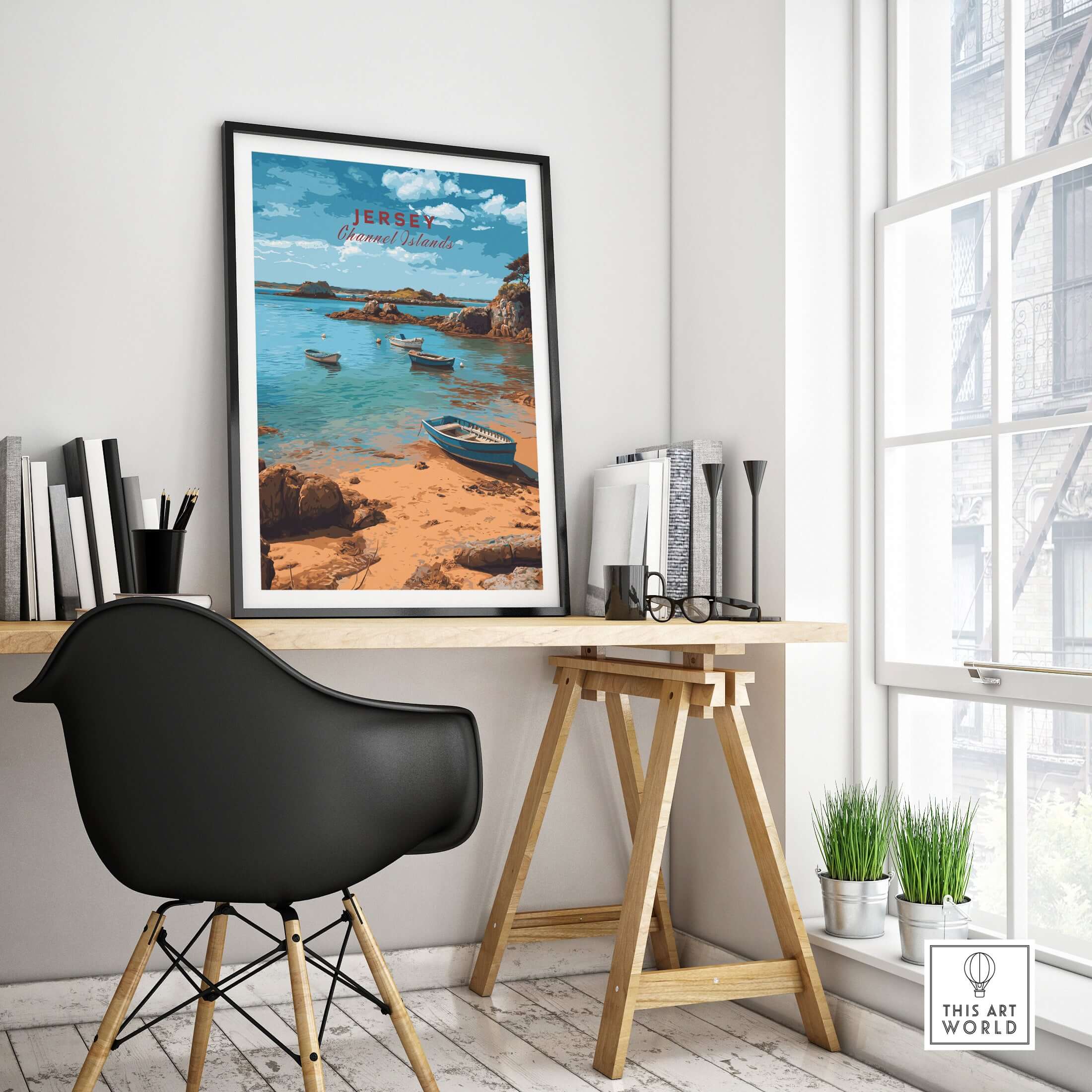 Jersey Channel Islands Art Print | Scenic Coastal Bay Poster displayed in a modern interior setting with boats and the coastline.