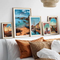 Jersey Channel Islands Art Print | Scenic Coastal Bay Poster displayed among other art prints in a cozy living room setting.