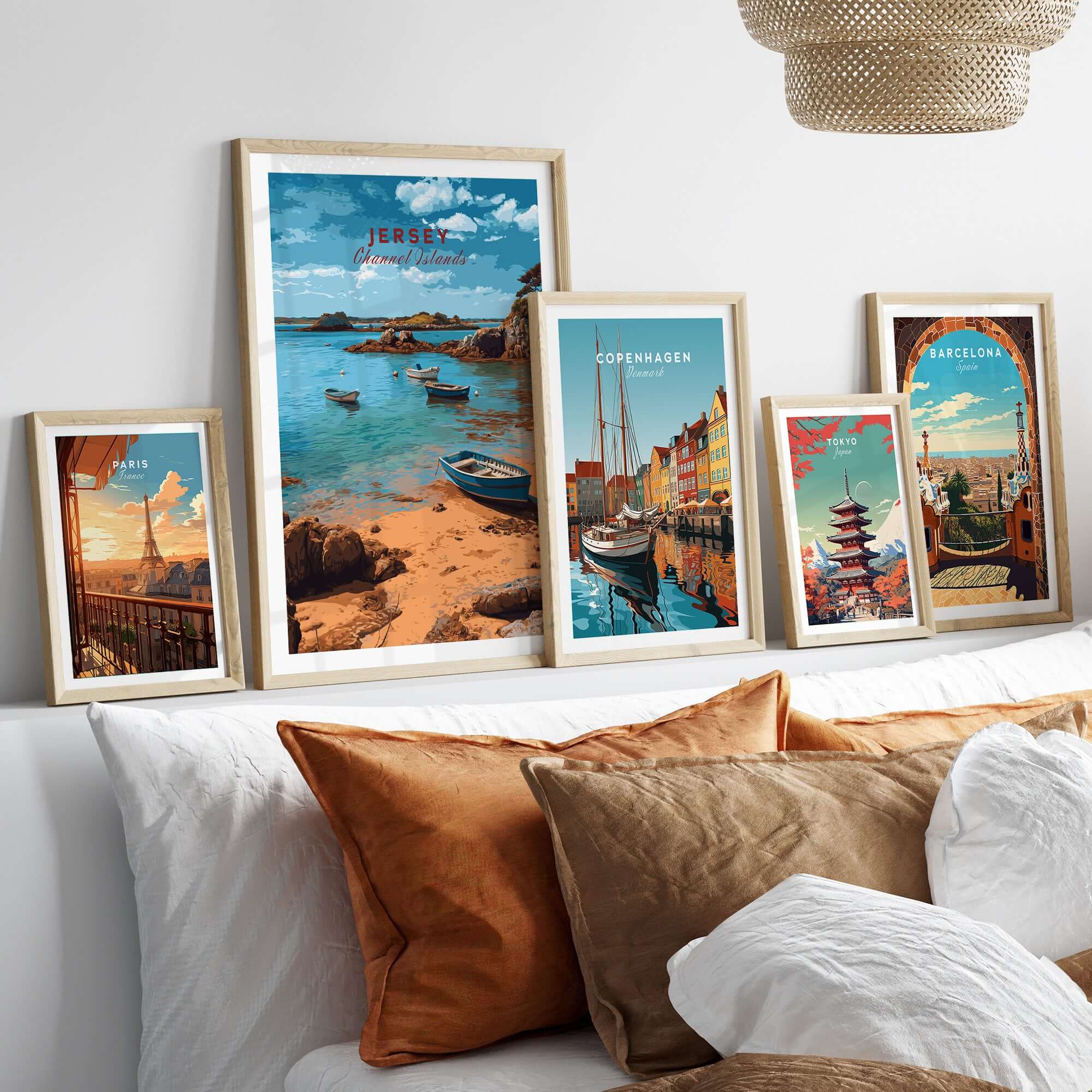 Jersey Channel Islands Art Print | Scenic Coastal Bay Poster displayed among other art prints in a cozy living room setting.