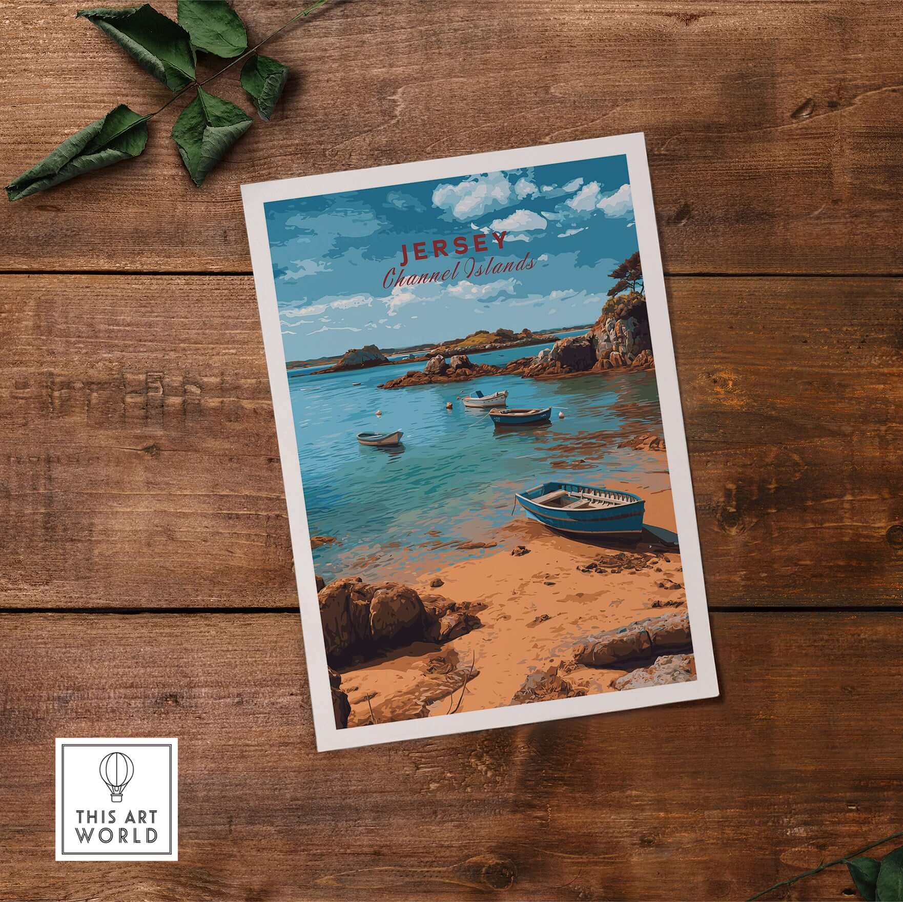 Jersey Channel Islands  Art Print | Scenic Coastal Bay Poster showcasing a tranquil beach scene with boats.