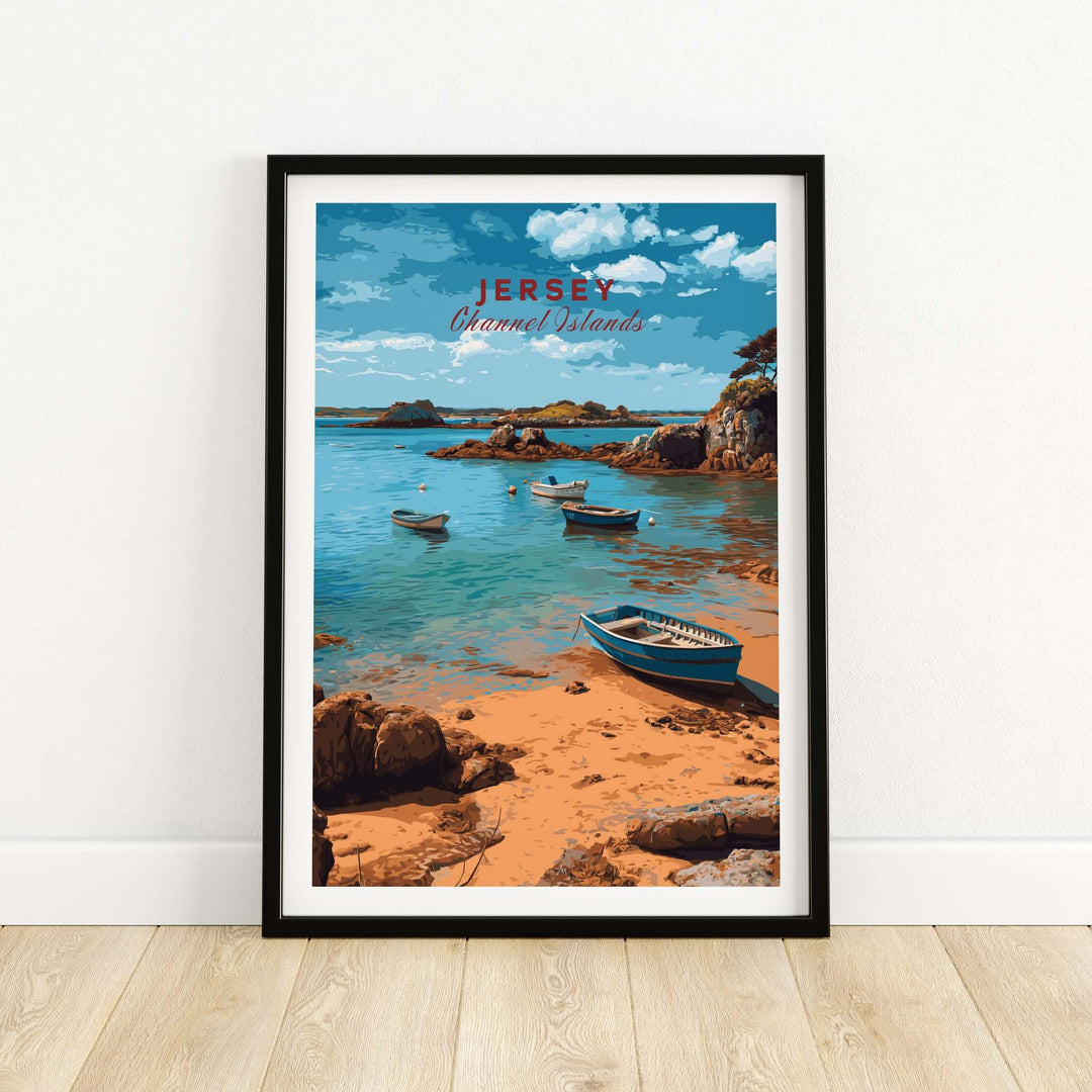 Jersey Channel Islands  Art Print | Scenic Coastal Bay Poster featuring boats on a tranquil beach.