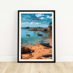 Jersey Channel Islands  Art Print | Scenic Coastal Bay Poster showcasing a serene beach and boats on crystal-clear waters.