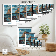 Jersey Channel Islands Art Print - Mont Orgueil Castle size guide with various print sizes displayed.