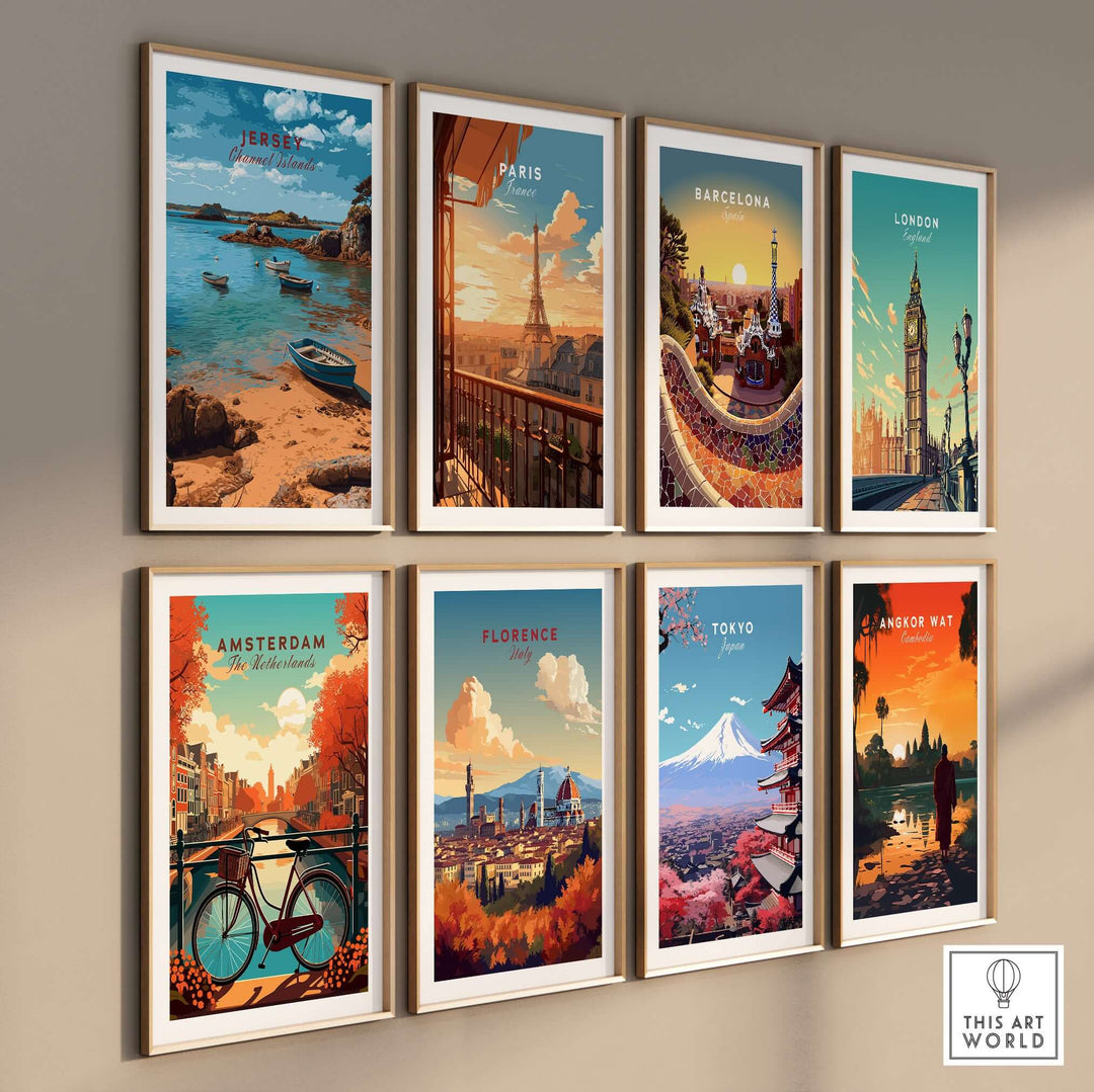 Jersey Channel Islands Art Print | Scenic Coastal Bay Poster collection displayed on a wall.