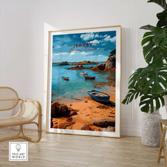 Jersey Channel Islands Art Print | Scenic Coastal Bay Poster featuring boats and a picturesque shoreline.