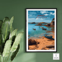 Jersey Channel Islands Art Print | Scenic Coastal Bay Poster featuring boats and a serene beach scene.