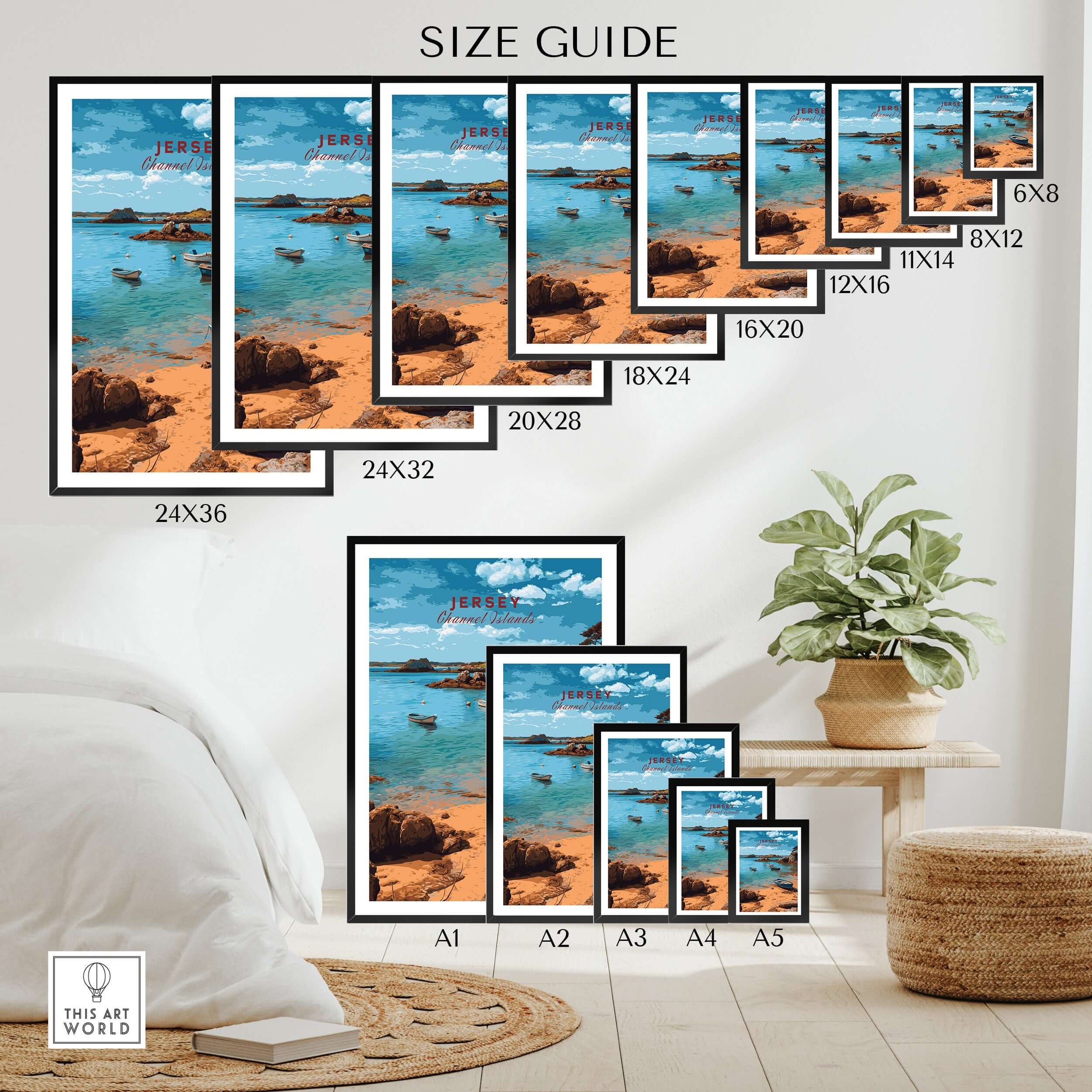 Jersey Channel Islands Art Print | Scenic Coastal Bay Poster size guide featuring various frame sizes.