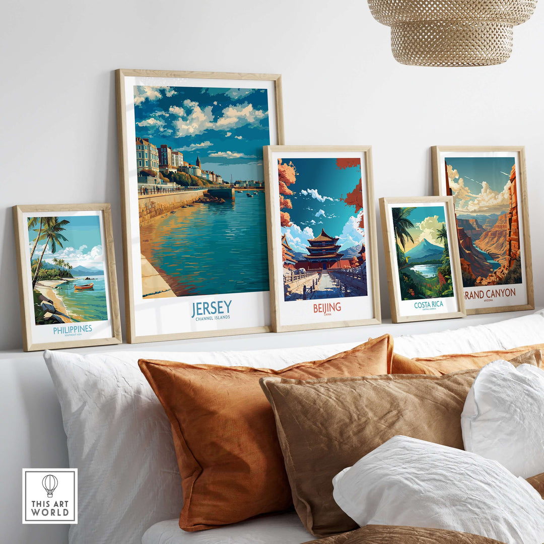 Jersey Channel Islands Harbour Promenade Art Print | St Helier Coastal Poster displayed among framed travel art.