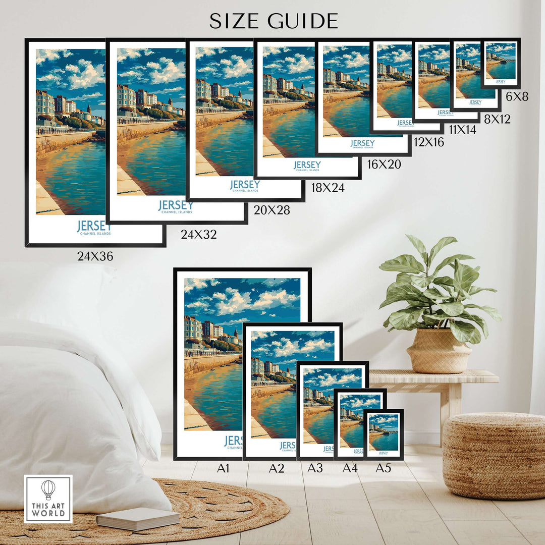 Jersey Channel Islands Harbour Promenade Art Print | St Helier Coastal Poster size guide featuring various frame sizes.