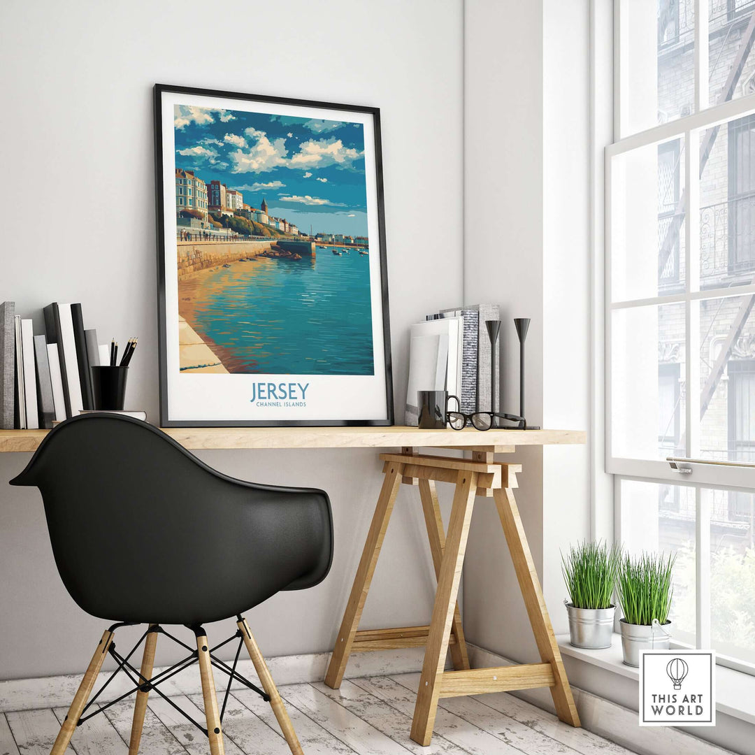 Jersey Channel Islands Harbour Promenade Art Print | St Helier Coastal Poster showcased in a stylish home office setting.