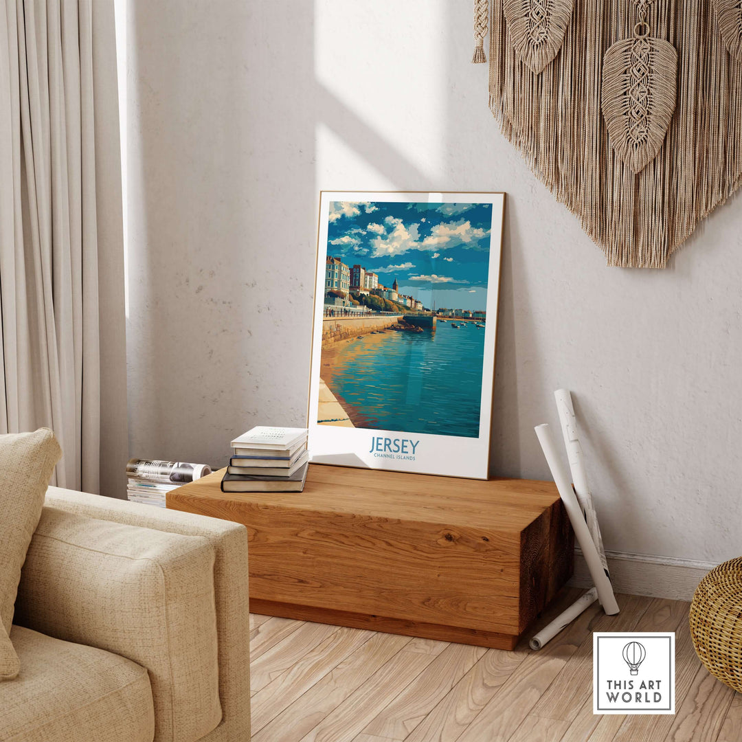 Jersey Channel Islands Harbour Promenade Art Print | St Helier Coastal Poster displayed in stylish home setting.