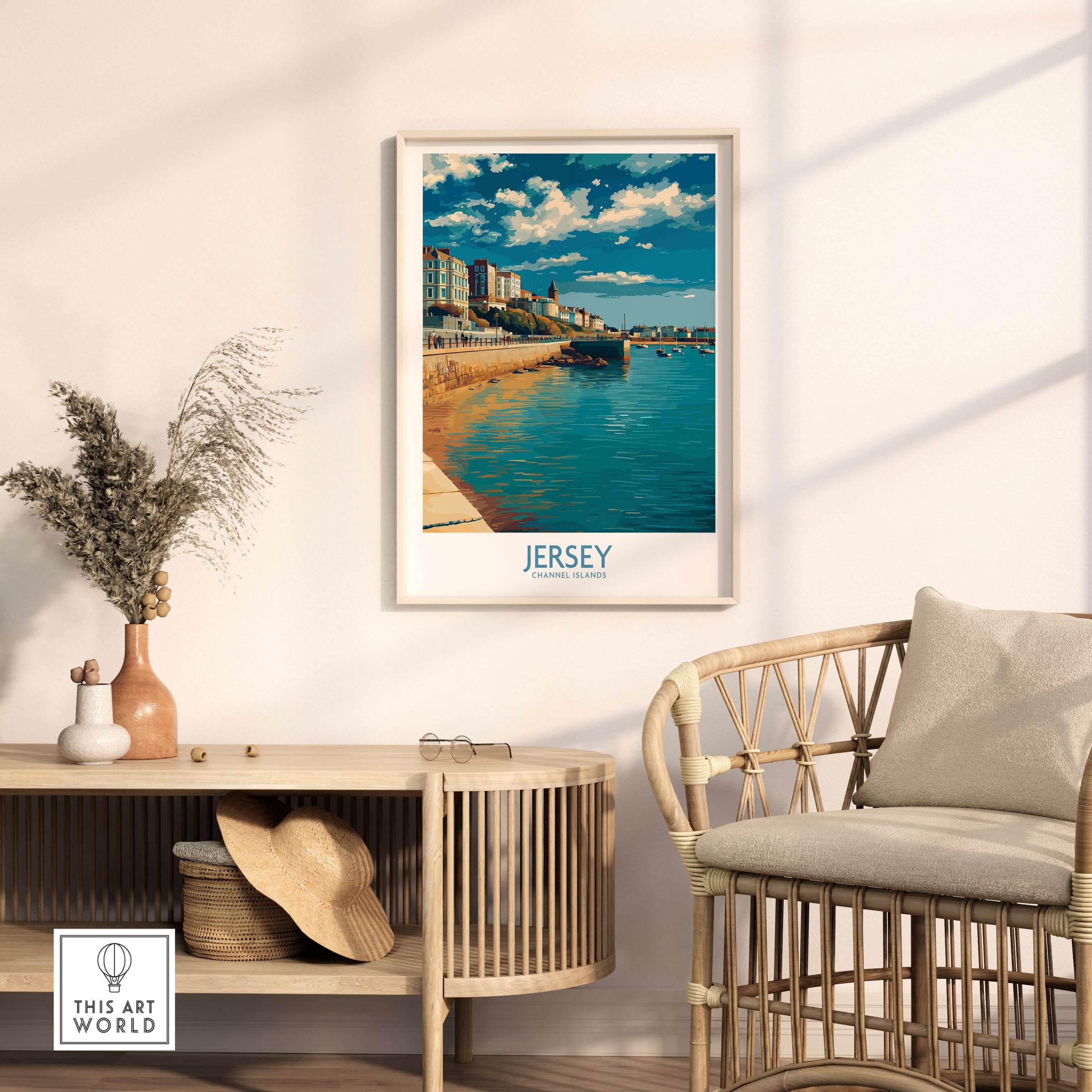 Jersey Channel Islands Harbour Promenade Art Print | St Helier Coastal Poster displayed in a stylish home setting.