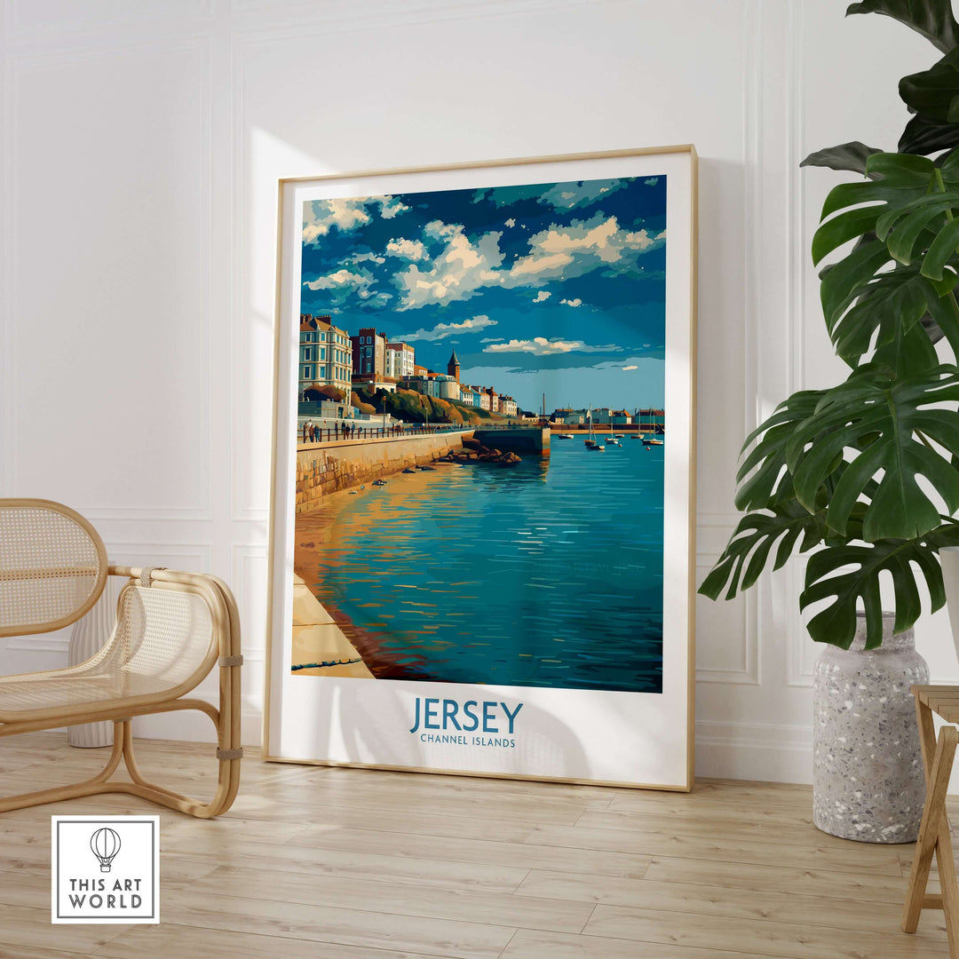 Jersey Channel Islands Harbour Promenade Art Print | St Helier Coastal Poster displayed in a stylish interior setting.