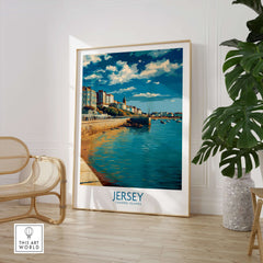 Jersey Channel Islands Harbour Promenade Art Print | St Helier Coastal Poster displayed in a bright interior.