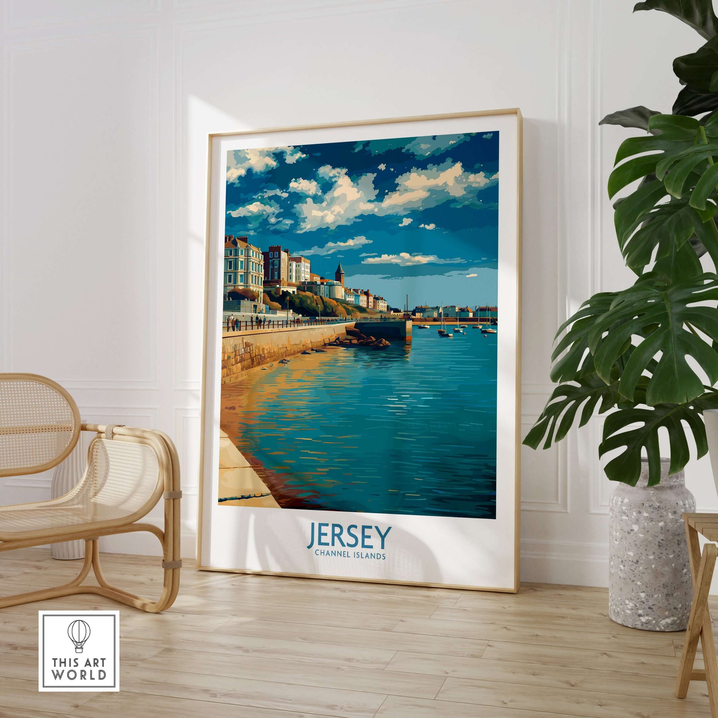 Jersey Channel Islands Harbour Promenade Art Print | St Helier Coastal Poster displayed in a bright interior.