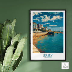 Jersey Channel Islands Harbour Promenade Art Print | St Helier Coastal Poster displayed on a wall with greenery.