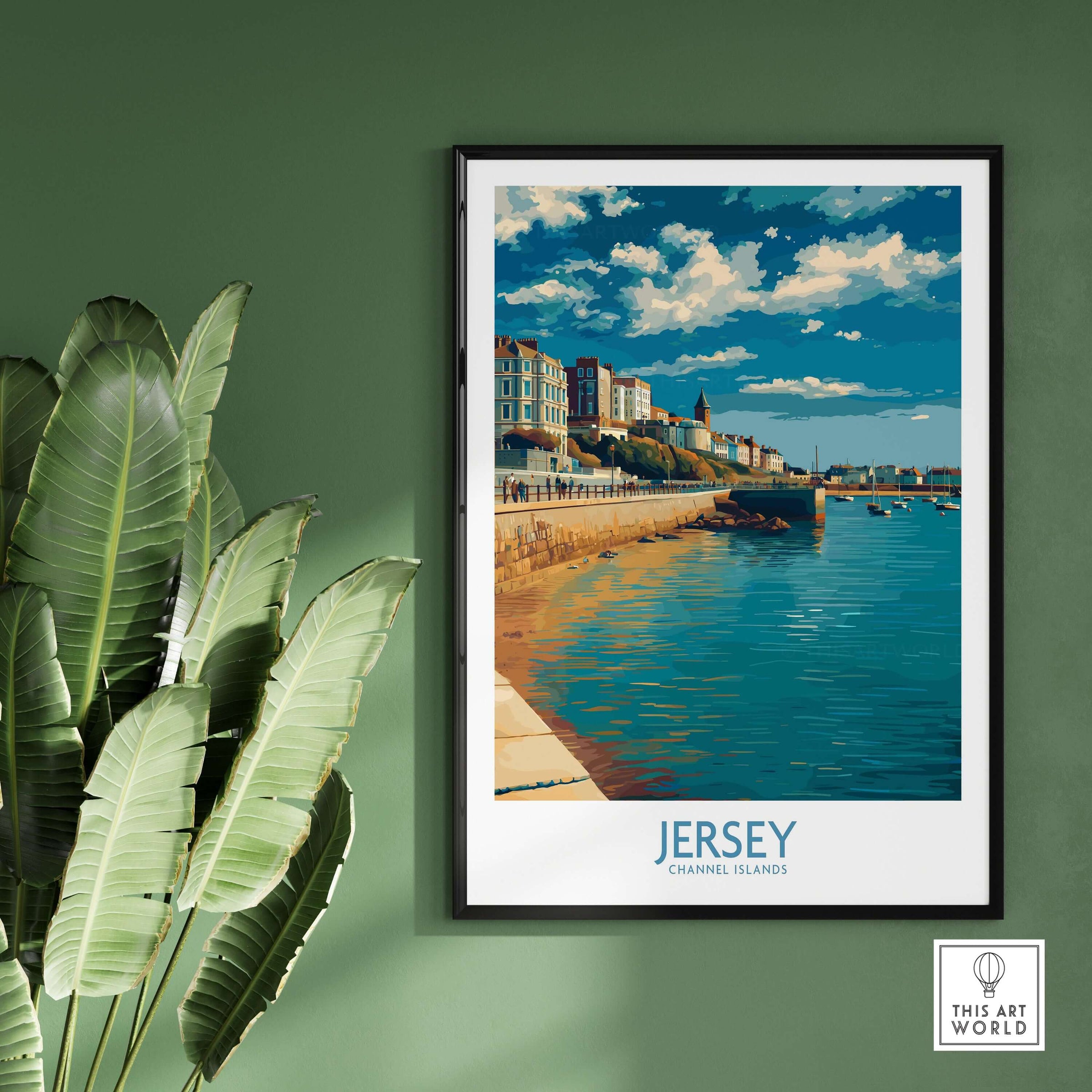 Jersey Channel Islands Harbour Promenade Art Print | St Helier Coastal Poster displayed on a wall with greenery.