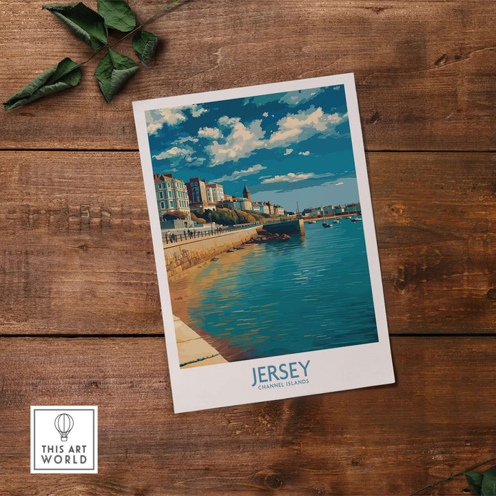 Jersey Channel Islands Harbour Promenade Art Print | St Helier Coastal Poster displayed on wooden surface.