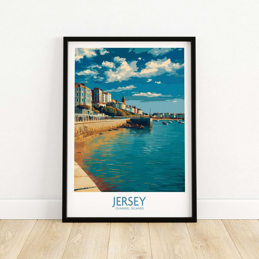 Jersey Channel Islands Harbour Promenade Art Print | St Helier Coastal Poster featuring vibrant waterfront scene.