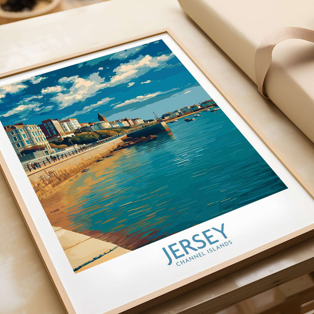 Jersey Channel Islands Harbour Promenade Art Print | St Helier Coastal Poster showcasing vibrant waterfront scenes.