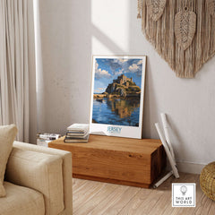 Jersey Channel Islands Mont Orgueil Castle Art Print | Historic Landmark Poster displayed in a cozy living room setting.