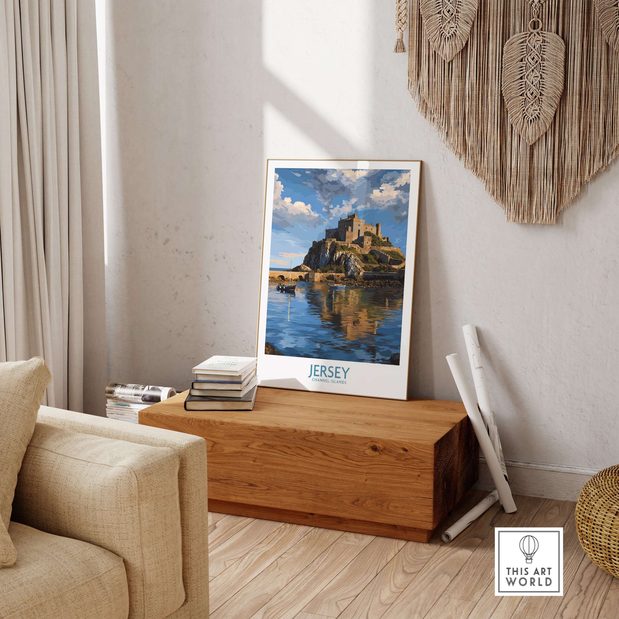 Jersey Channel Islands Mont Orgueil Castle Art Print | Historic Landmark Poster displayed in a cozy living room setting.