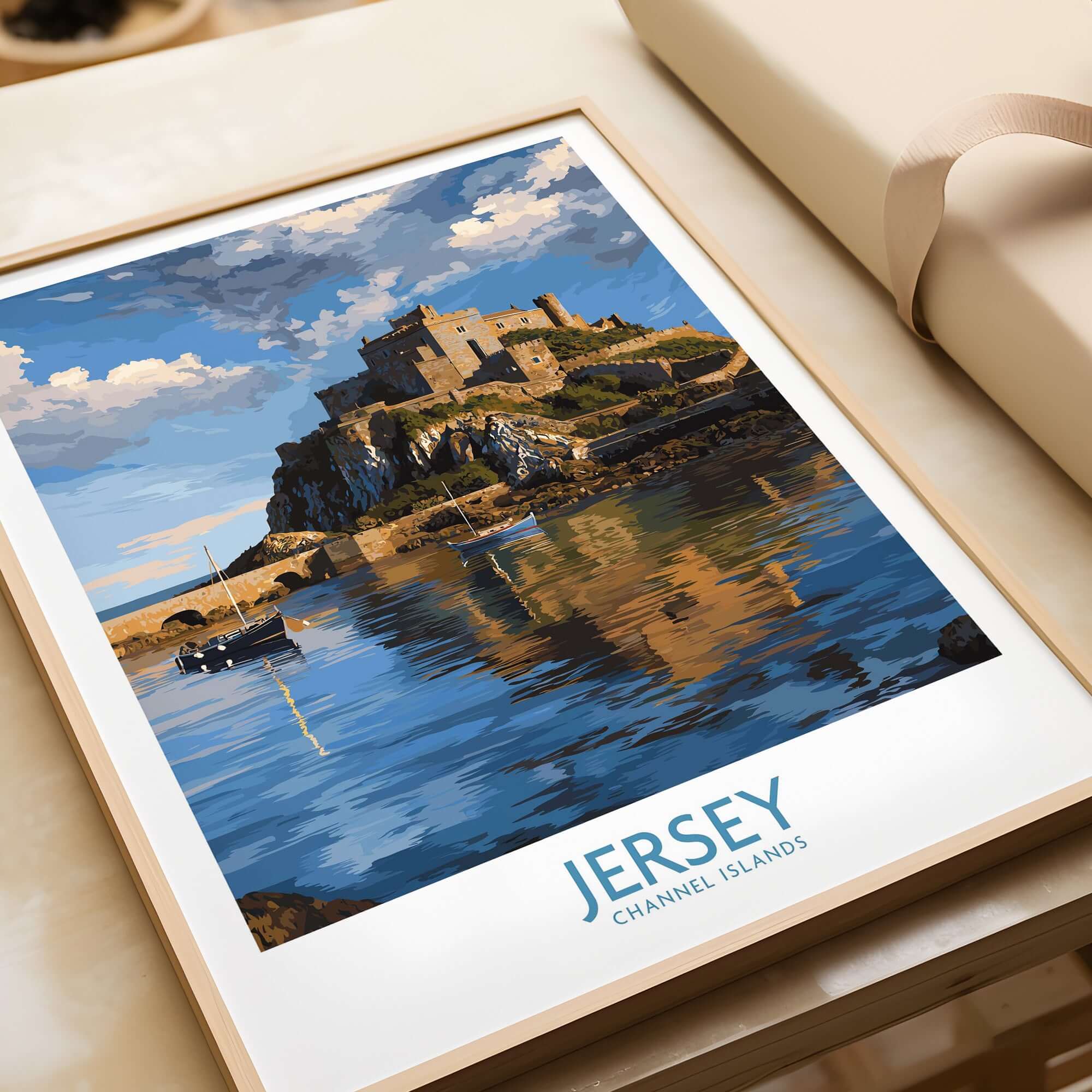 Jersey Channel Islands Mont Orgueil Castle Art Print | Historic Landmark Poster showcasing a coastal view of the castle.