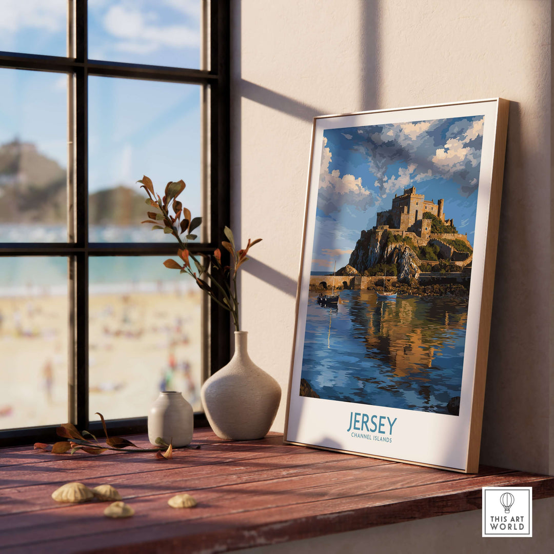 Jersey Channel Islands Mont Orgueil Castle Art Print | Historic Landmark Poster displayed on a wooden table by a window.