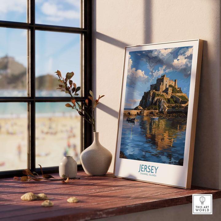 Jersey Channel Islands Mont Orgueil Castle Art Print | Historic Landmark Poster displayed on a wooden table by a window.