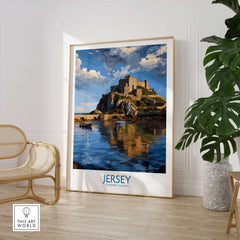 Jersey Channel Islands Mont Orgueil Castle Art Print | Historic Landmark Poster showcasing the historic fortress over water.