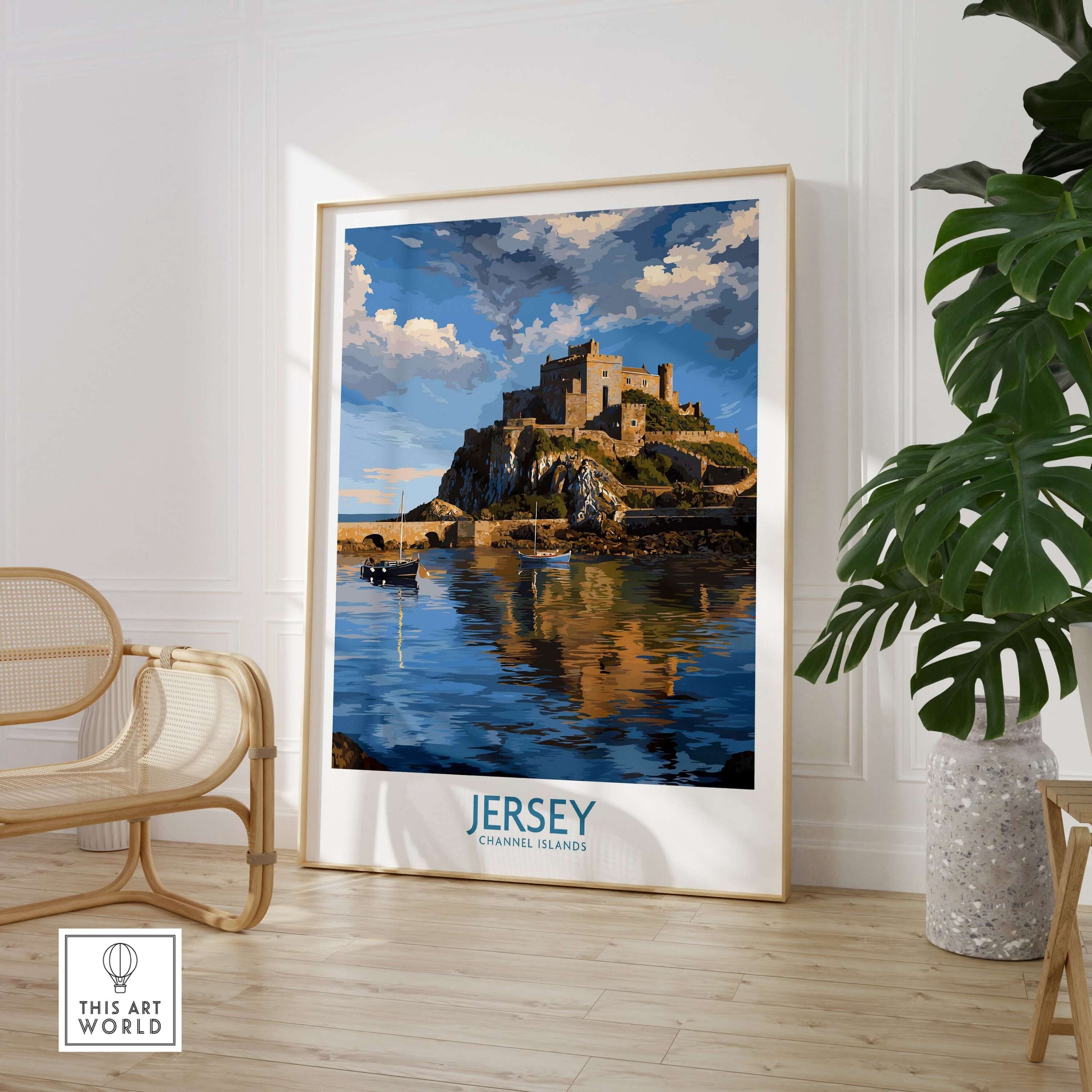 Jersey Channel Islands Mont Orgueil Castle Art Print | Historic Landmark Poster showcasing the historic fortress over water.
