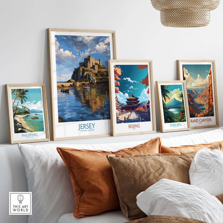 Jersey Channel Islands Mont Orgueil Castle Art Print | Historic Landmark Poster displayed among travel art prints.