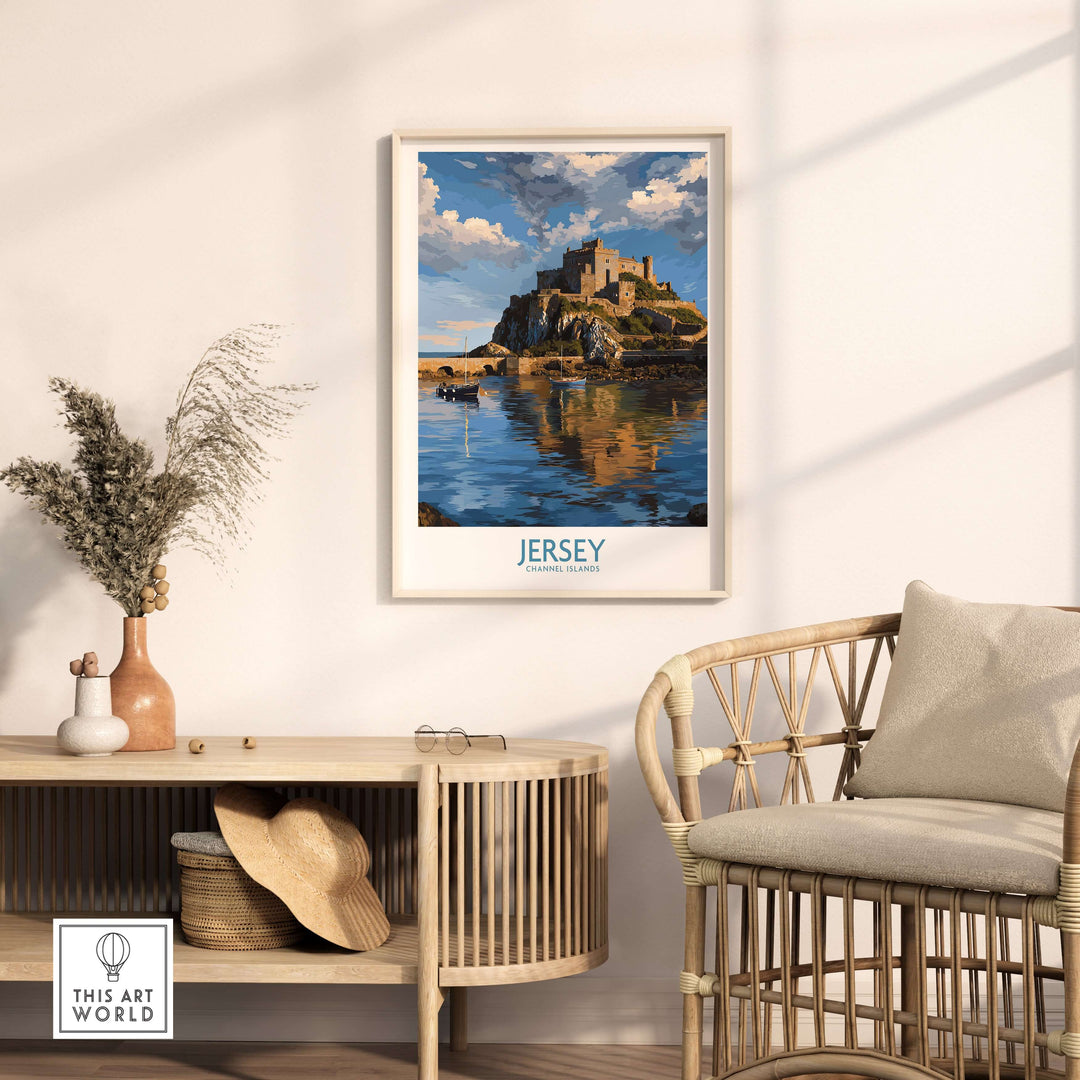 Jersey Channel Islands Mont Orgueil Castle Art Print | Historic Landmark Poster displayed in a cozy interior setting.