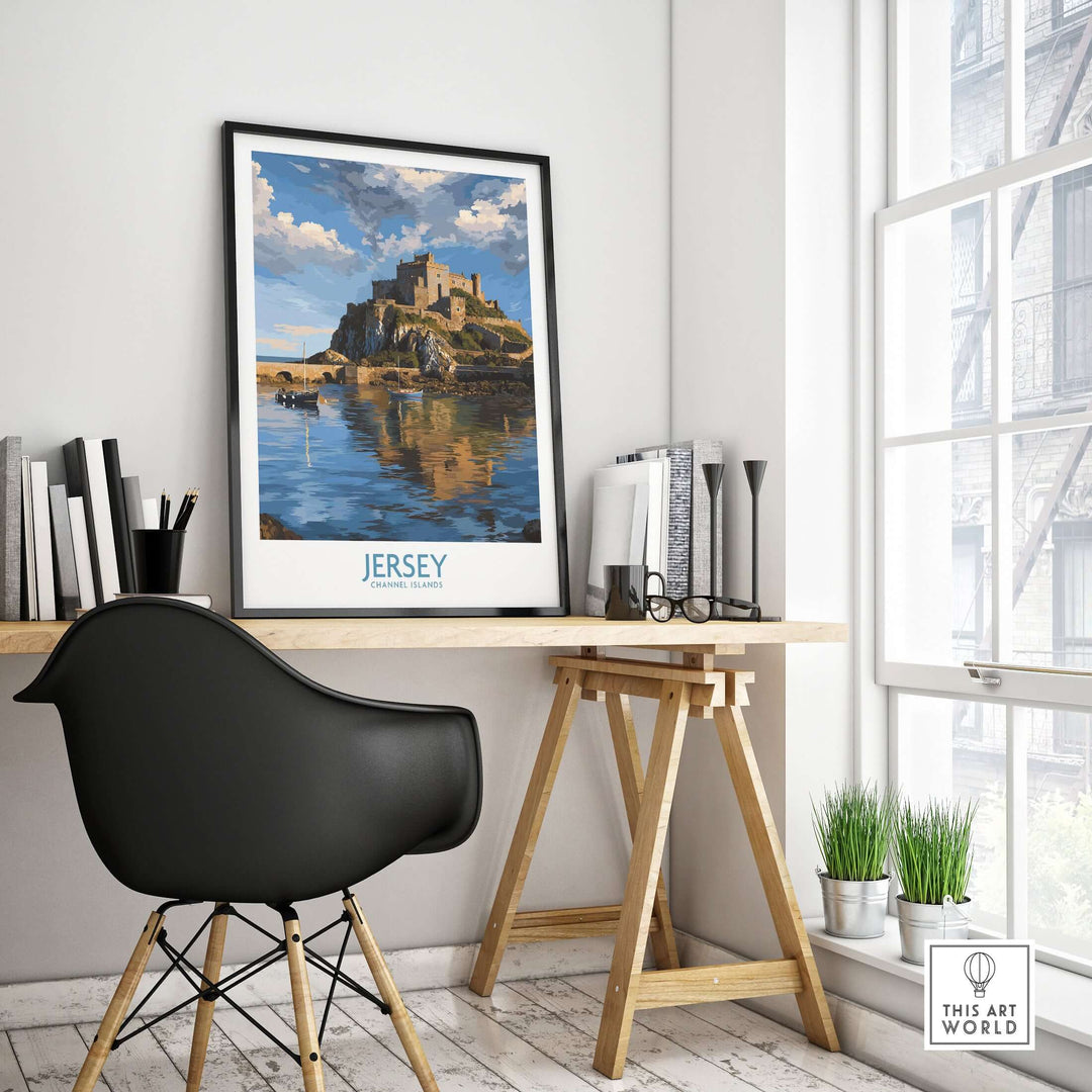 Jersey Channel Islands Mont Orgueil Castle Art Print | Historic Landmark Poster displayed in a modern workspace.