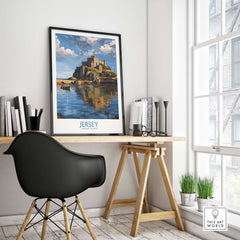 Jersey Channel Islands Mont Orgueil Castle Art Print | Historic Landmark Poster displayed in a modern interior.