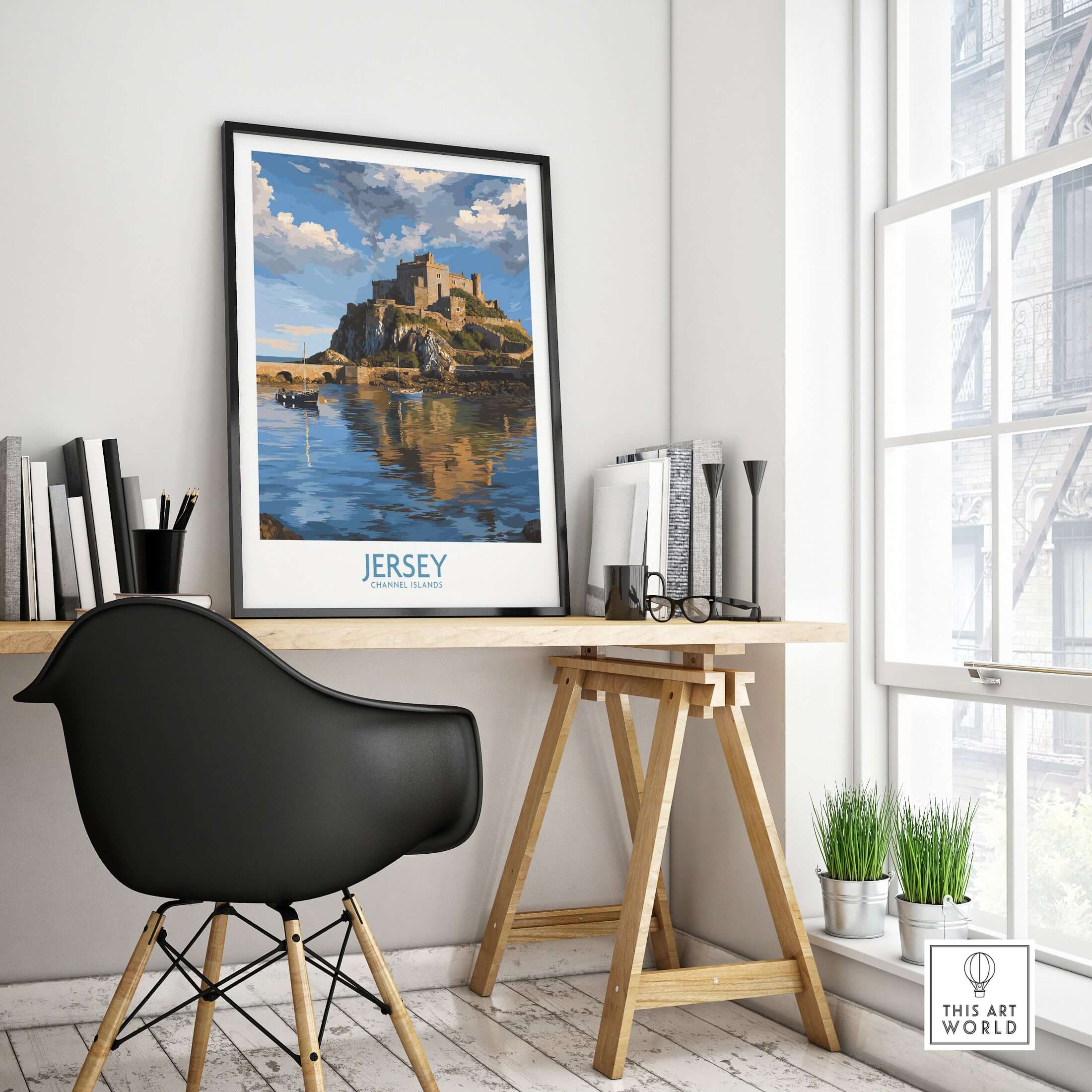 Jersey Channel Islands Mont Orgueil Castle Art Print | Historic Landmark Poster displayed in a modern interior.
