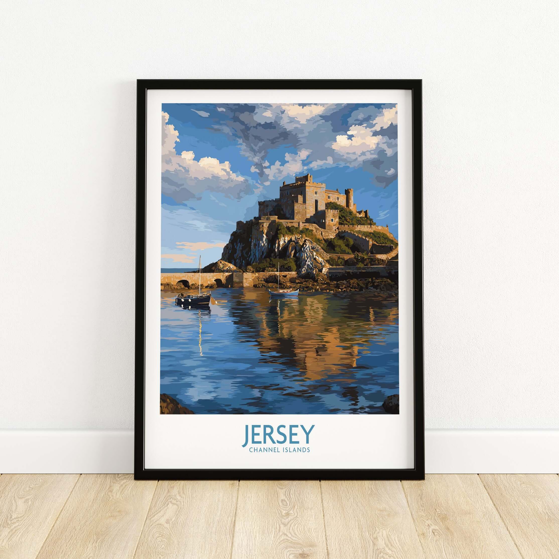 Jersey Channel Islands Mont Orgueil Castle Art Print | Historic Landmark Poster showcasing a coastal fortress.