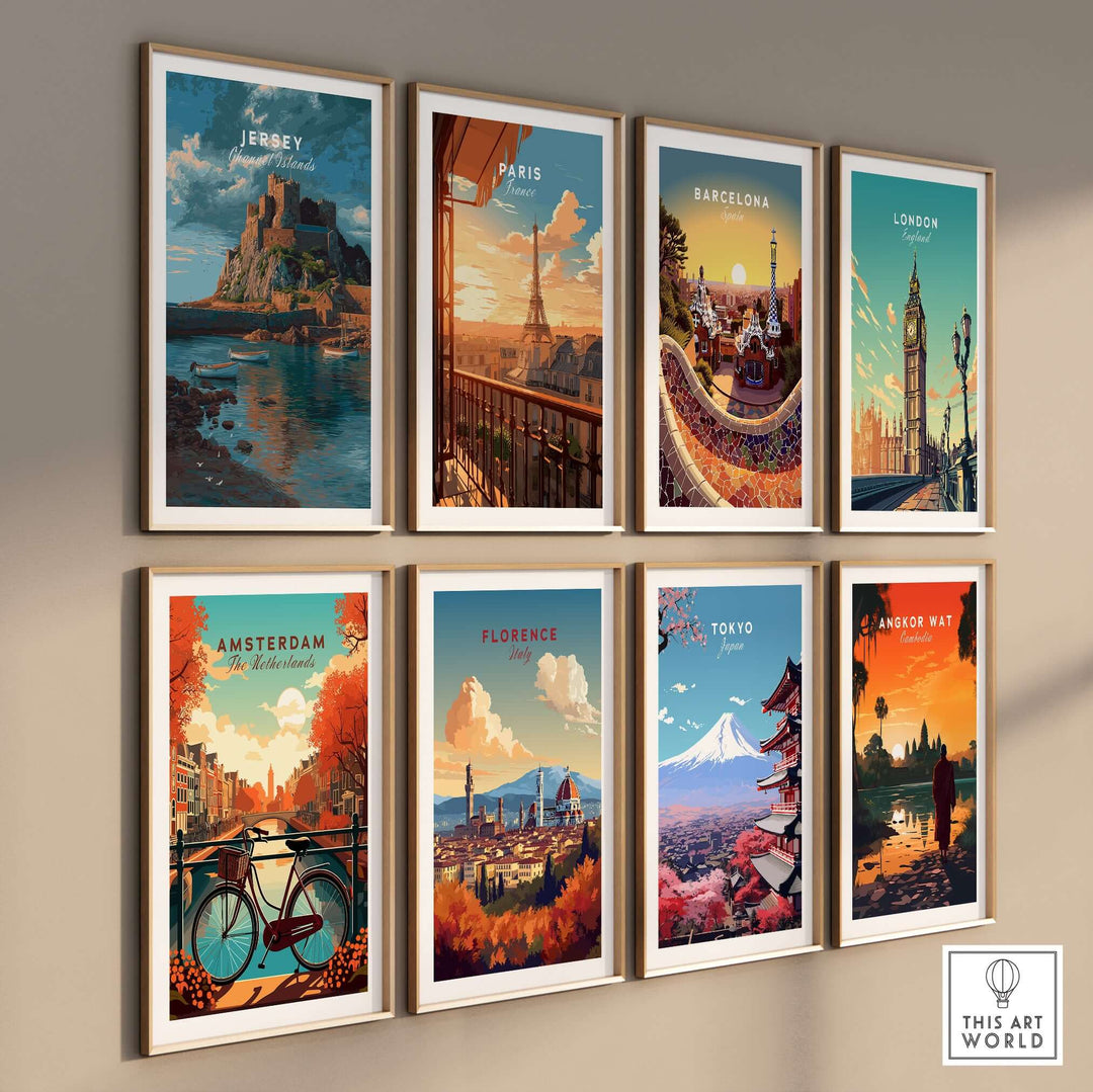 Jersey Print - Channel Islands Poster showcasing Mont Orgueil Castle among travel art prints in a gallery wall display.