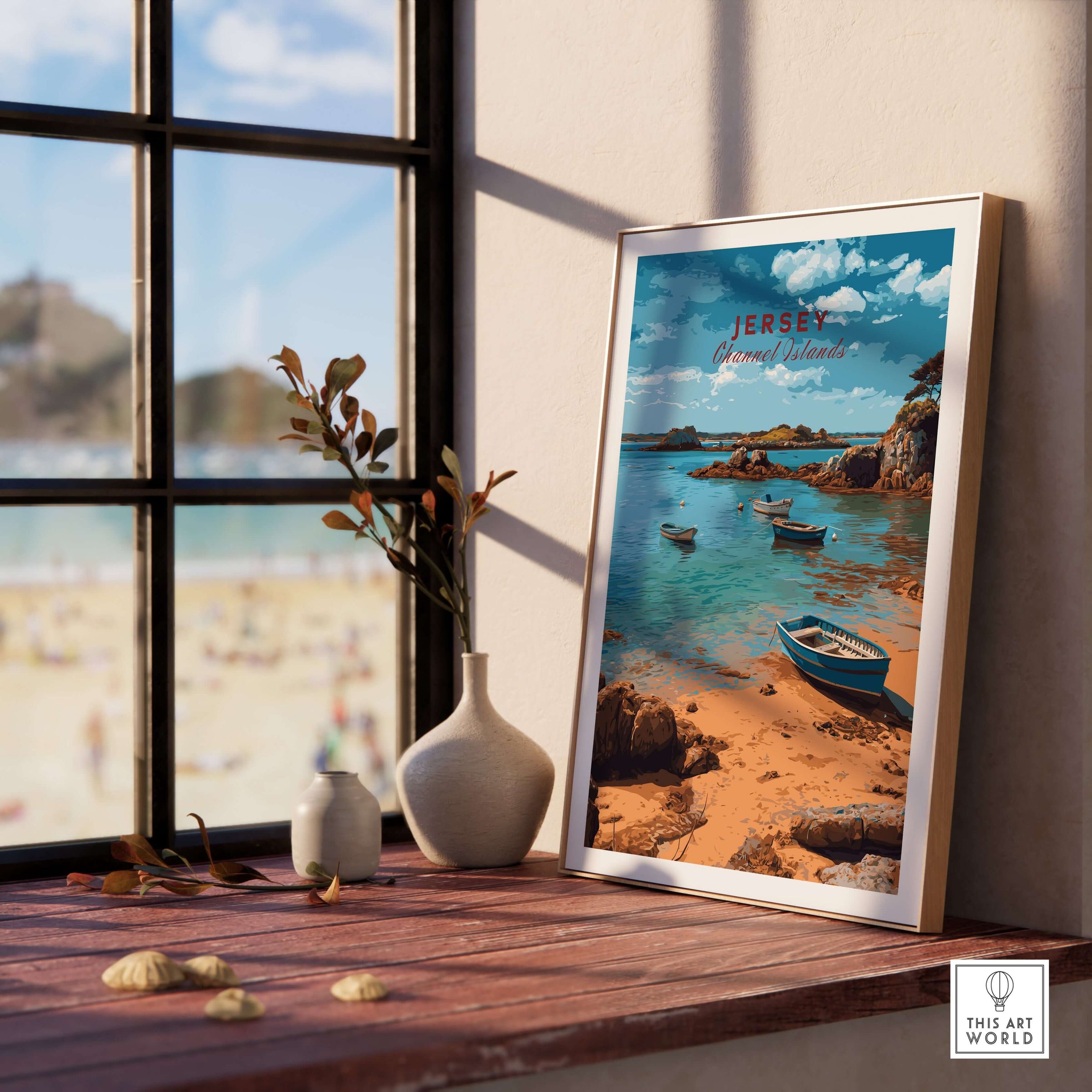 Jersey Channel Islands Art Print | Scenic Coastal Bay Poster displayed on a wooden table near a window.
