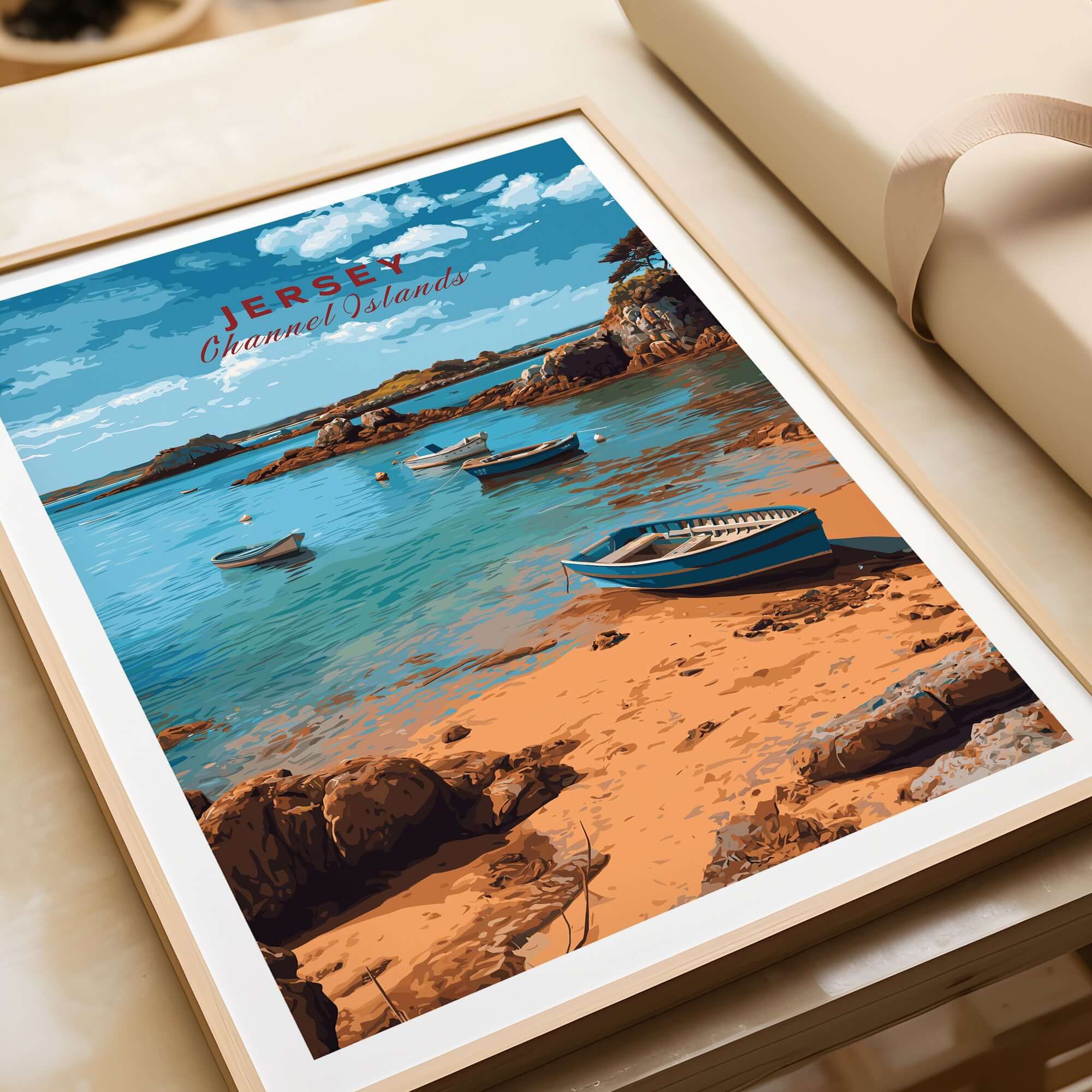 Jersey Channel Islands Art Print | Scenic Coastal Bay Poster featuring boats in a serene coastal bay.