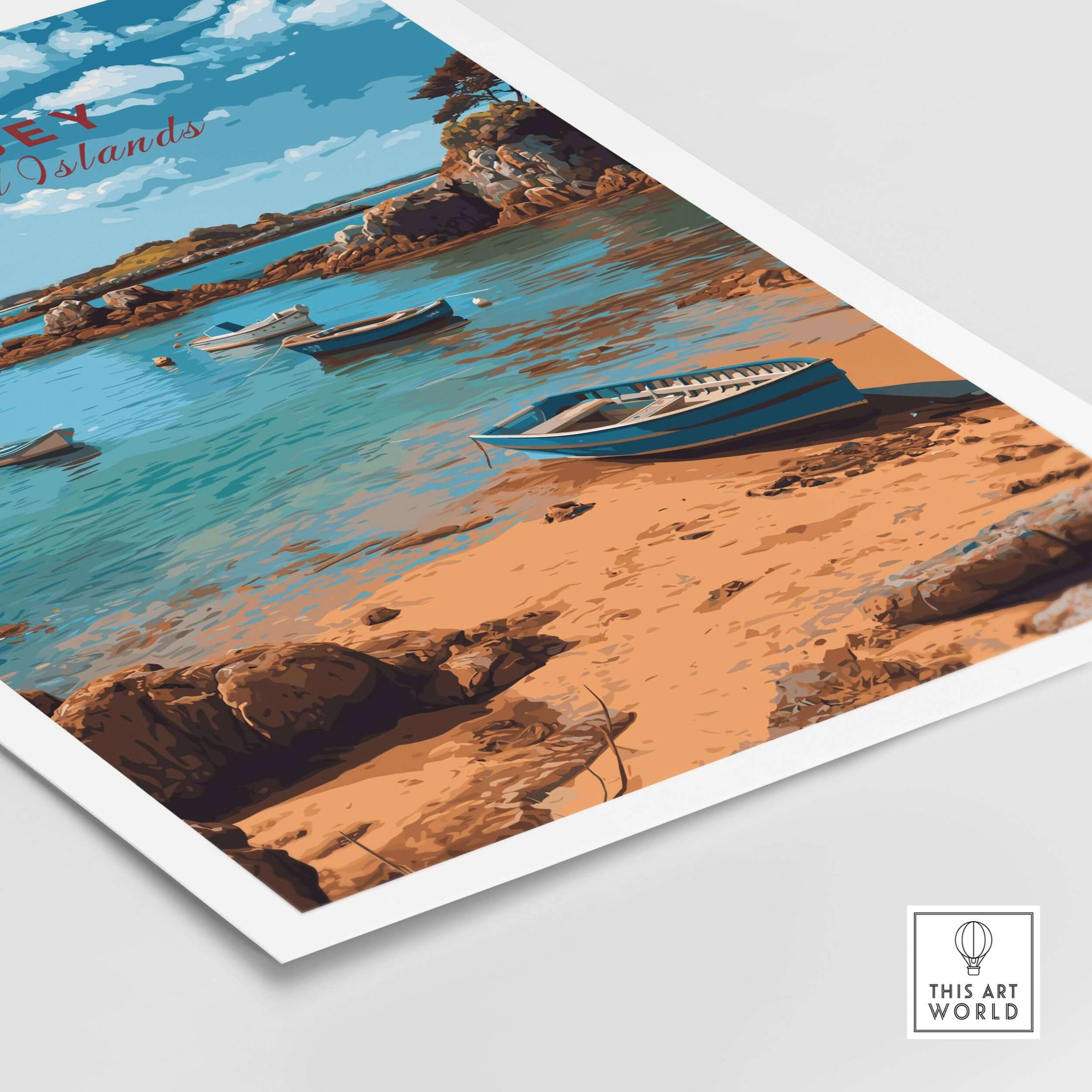 Jersey Channel Islands  Art Print | Scenic Coastal Bay Poster featuring a tranquil beach and boats on clear waters.