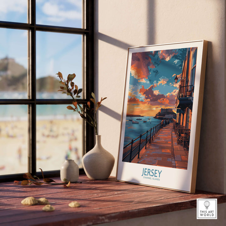Jersey Channel Islands Sunset Art Print framed in a cozy indoor setting with beach view, showcasing serene sunset colors.