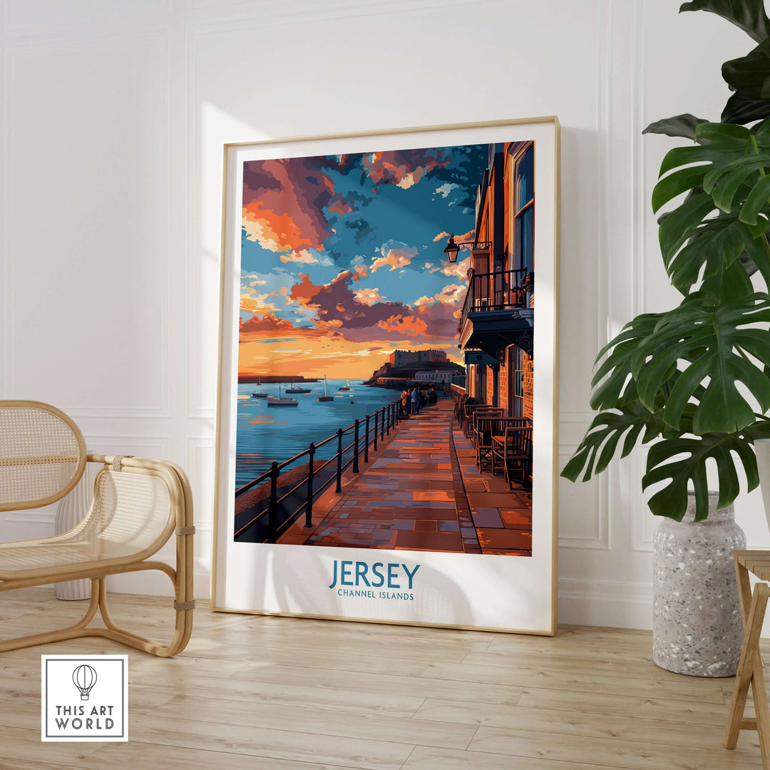 Jersey Channel Islands Sunset Art Print featuring vibrant colors over water and coastal scenery in a stylish interior setting.