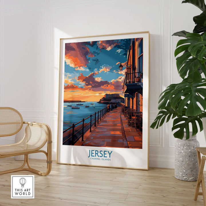 Jersey Channel Islands Sunset Art Print featuring vibrant colors over water and coastal scenery in a stylish interior setting.