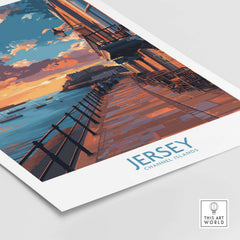 Jersey Channel Islands Sunset Art Print showcasing vibrant colors over tranquil waters and a picturesque coastal view.