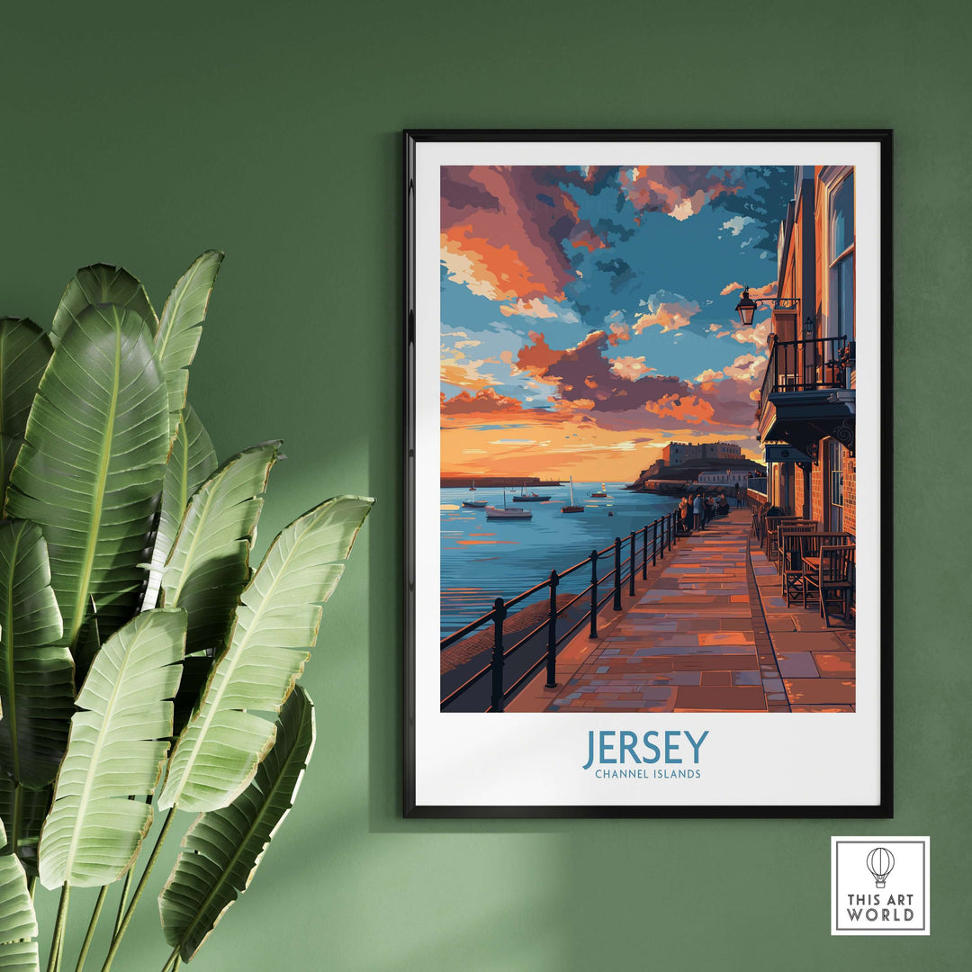 Jersey Channel Islands Sunset Art Print showcasing vibrant colors over peaceful waters and coastal landscapes.