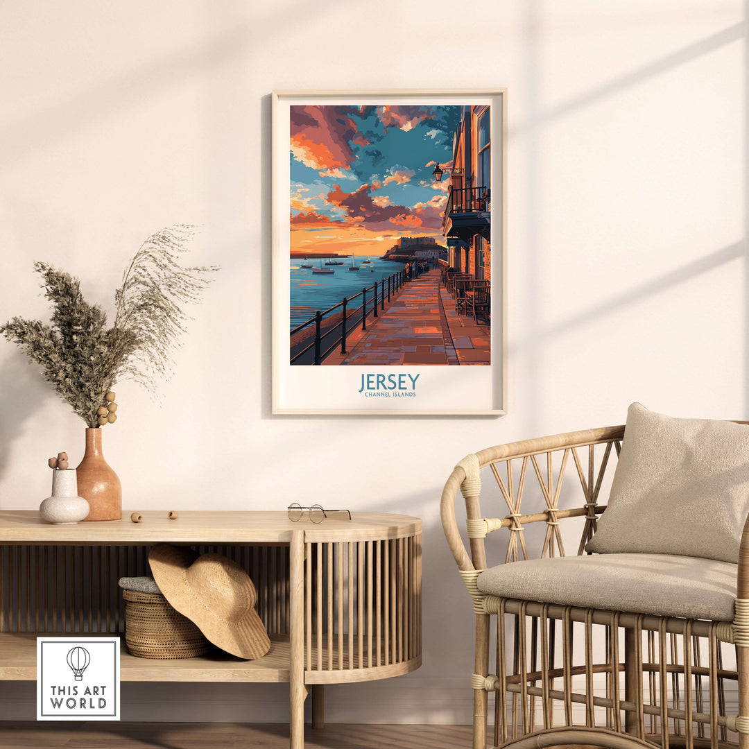 Jersey Channel Islands Sunset Art Print showcasing vibrant colors and serene coastal scenery in a cozy interior setting.