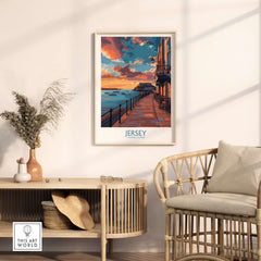 Jersey Channel Islands Sunset Art Print displayed in a chic living room, showcasing vibrant sunset colors over tranquil waters.